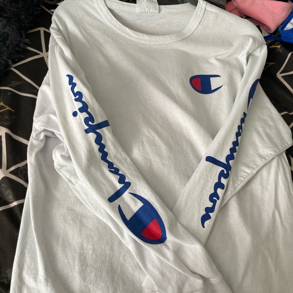 Champion White Long Sleeve with Blue and Red Logo